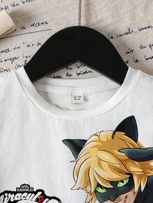 Miraculous Ladybug X SHEIN 女童圆领卡通字母印花休闲百搭日常短袖T恤 - 白色 - 查看 2
