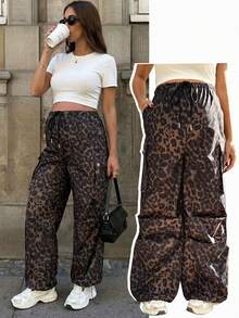 SHEIN Pregnant Women Leopard Print Slant Pocket Drawstring Waist Casual Pants - Brown - View 1