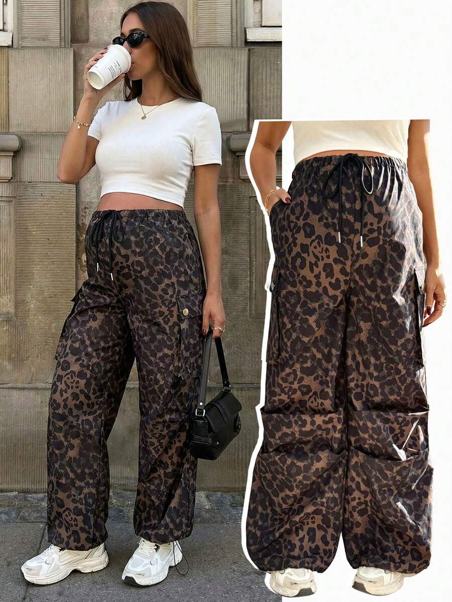 SHEIN Pregnant Women Leopard Print Slant Pocket Drawstring Waist Casual Pants - Brown - View 1