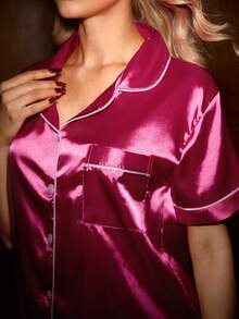 Bộ đồ ngủ/Bộ đồ ngủ bằng vải satin cổ ve áo cài nút phía trước tương phản - Màu Hoa hồng đỏ - Xem 7