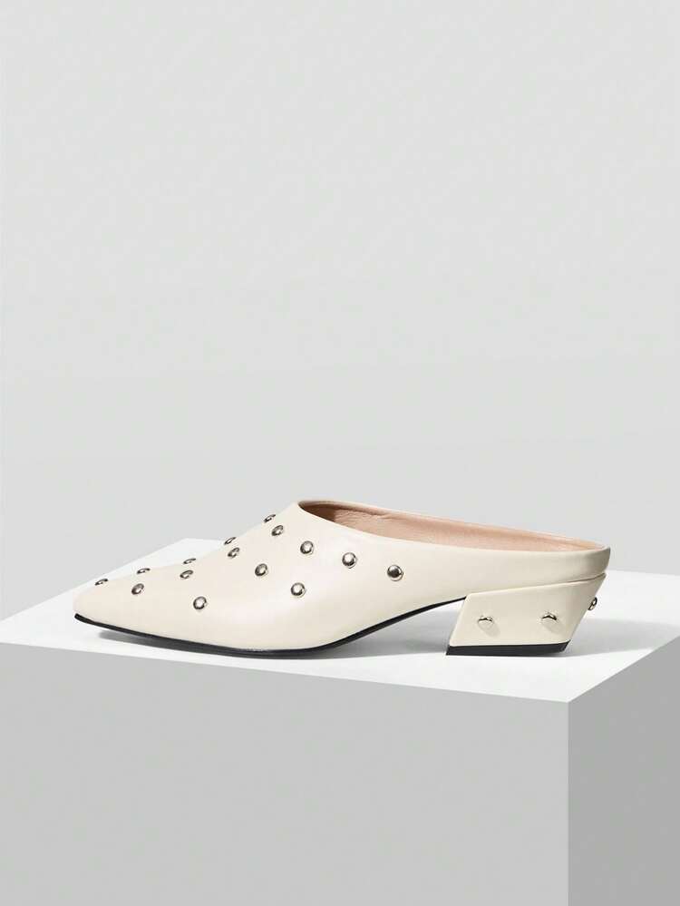 2026 SPRING/SUMMER NEW FRENCH CASUAL STUDDED MULE SLIPPERS, THICK HEEL CLOSED TOE SLIP-ON MINIMALIST STUDDED MULE LOAFERS