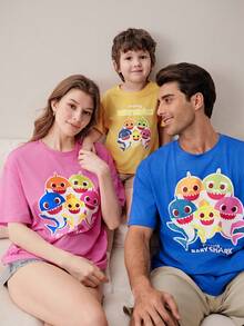 BABY SHARK X SHEIN Áo thun nam tay ngắn cổ tròn in hình hoạt hình, kiểu dáng thường ngày, đa năng. - Màu xanh lam - Xem 2