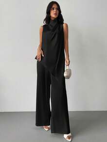 Firerie Bộ trang phục công sở thanh lịch dành cho nữ - Áo sơ mi satin trắng không tay cổ xếp ly dáng rộng vạt bất đối xứng và quần ống đứng thoải mái, bộ đồ duyên dáng, trang phục giáo viên. - màu đen - Xem 1