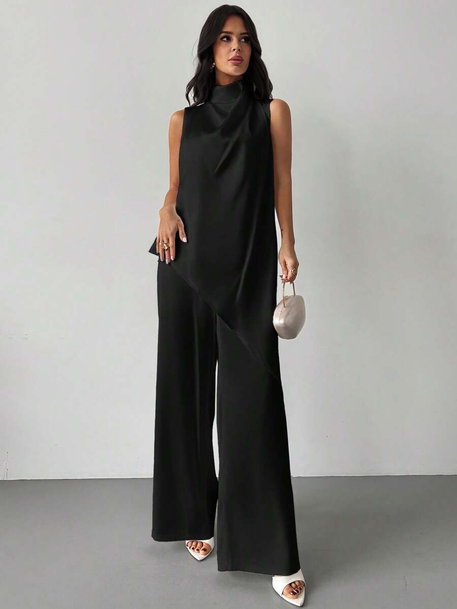 Firerie 女士优雅休闲通勤套装 - 白色缎面无袖褶皱领宽松不对称下摆上衣搭配休闲直筒裤，优雅套装，教师装 - 黑色 - 查看 1