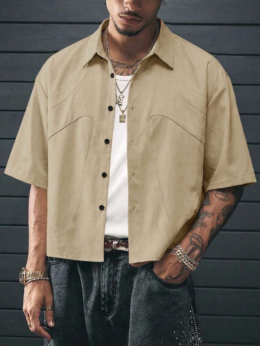 AXEPEAK Men's Solid Color Short Sleeve Single-Breasted Casual Shirt - Brown - View 1