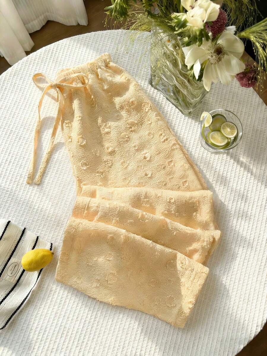 Flirla 女士夏季新款休闲裤,甜美浪漫腰带松紧腰提花设计低腰直筒裤,适合居家、日常、办公室、约会、旅行、海滩、工作等场合,阳光黄 - 黃色 - 查看 1