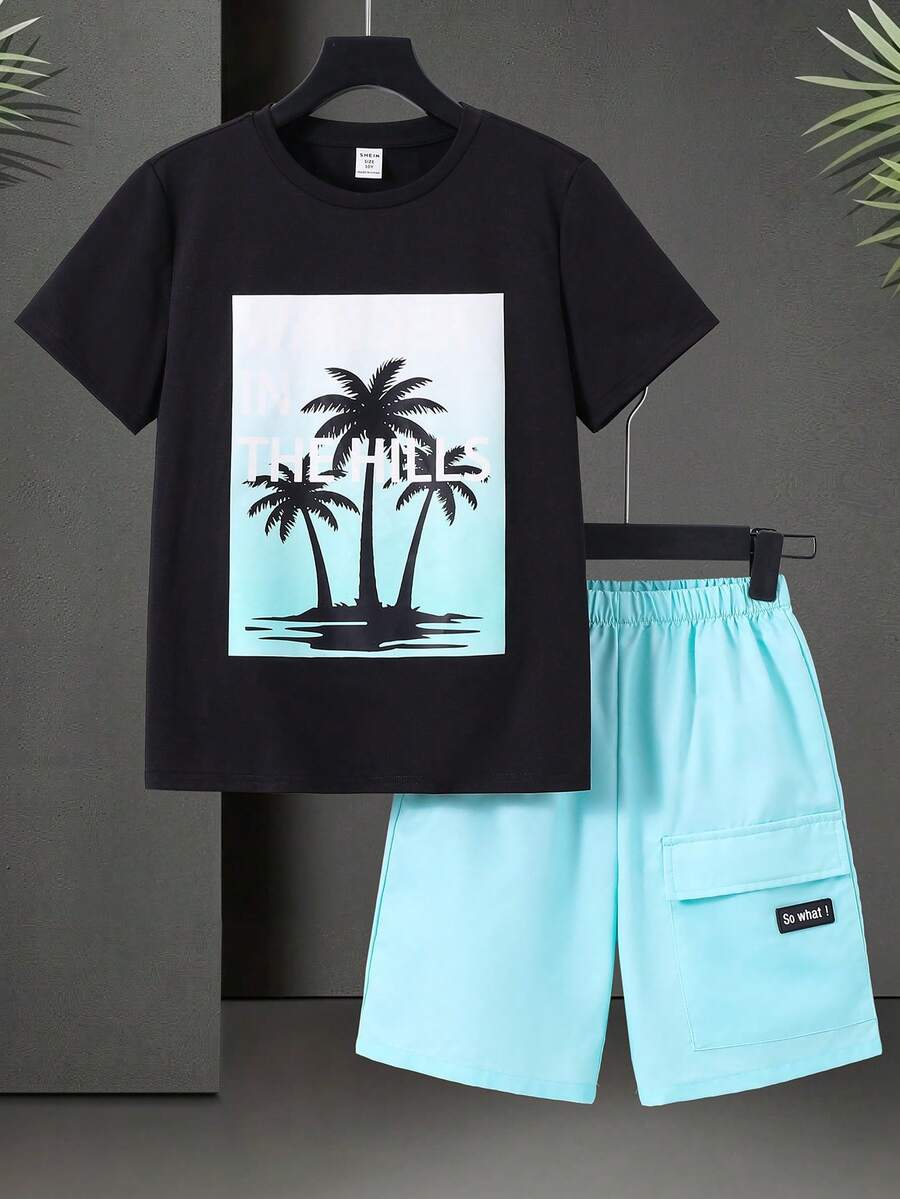 SHEIN 2pcs Tween Boy Black Casual Summer Vacation Club Holiday Palm Tree & Letter Print Round Neck Short Sleeve T-Shirt And Cargo Shorts Set For Outings - Multicolor - View 1