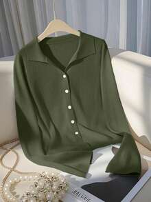 SHEIN Franclia 新款春秋季修身短款法式时尚Polo领针织开衫 - 軍綠色 - 查看 3
