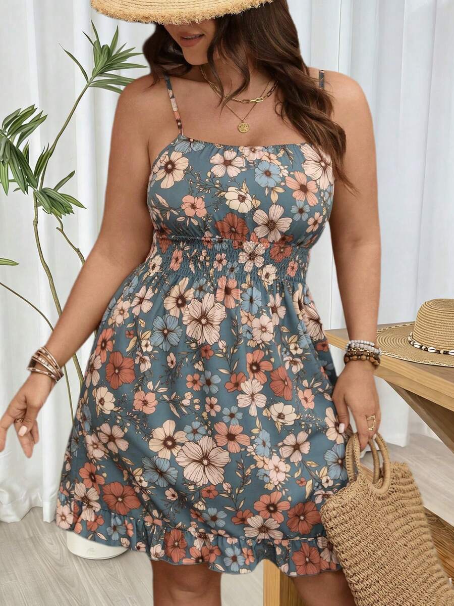 Breezaya 大码女式梭织常规春夏休闲舒适通勤印花吊带荷叶边腰带短裙 - 彩色 - 查看 1