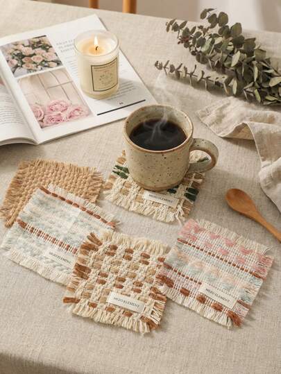 Cirelle وسادة كوب مربعة منسوجة يدويًا بطراز فير آيل مع شرابات، ديكور طاولة مستوحى من الشمال لوقت الشاي