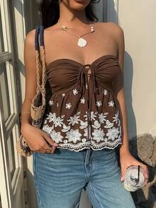 Serisse 女士度假风抽绳打结花卉刺绣抹胸上衣 - 棕色 - 查看 4