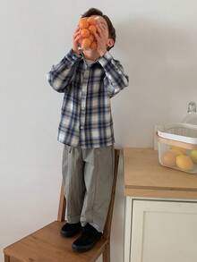 DAZY Áo khoác sơ mi cổ bẻ kẻ caro dáng rộng thoải mái cho bé trai (size nhỏ) - Màu xanh lam - Xem 2