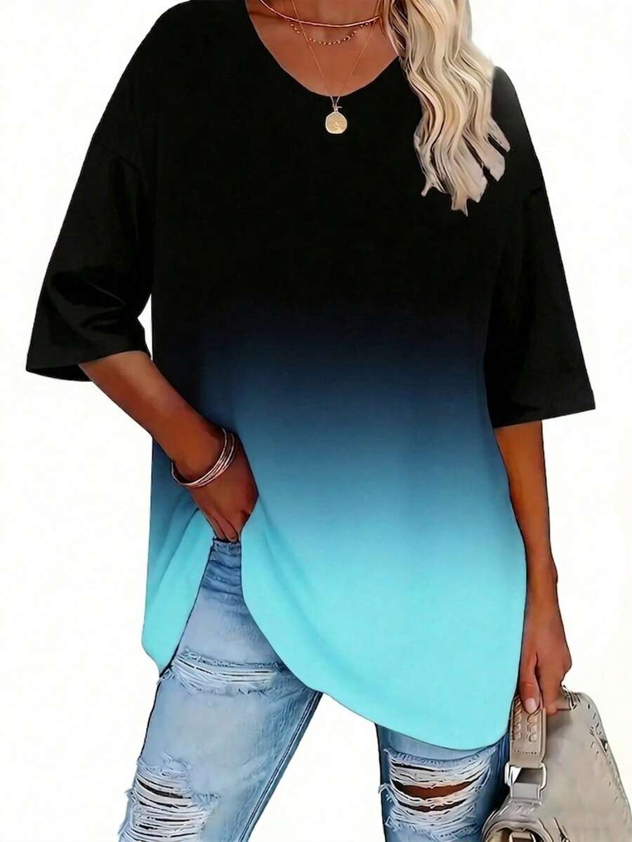 EMERY ROSE Plus Size Women's Gradient Color Round-Neck Short-Sleeved Casual T-Shirt, Summer Floral Print T-Shirt - Multicolor - View 1