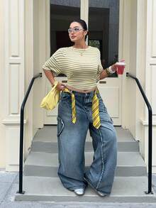 Muchica 大码女式条纹圆领落肩休闲T恤 - 彩色 - 查看 4