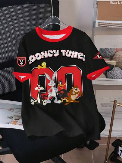 LOONEY TUNES X SHEIN 男童夏季休闲字母卡通图案撞色滚边圆领短袖T恤