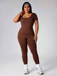 Rhythm Era Mono deportivo y de fitness sin costuras, de gran elasticidad, de manga corta y pantalón largo, talla grande, color marrón - Marrón - Ver 5