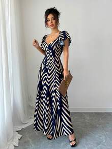 Elenzga 2025 春夏新款 V 领树叶印花松紧腰休闲优雅盖袖中长连衣裙 - 彩色 - 查看 7