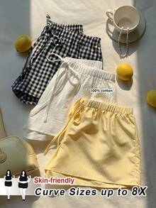 SHEIN CURVE+ Quần short ống rộng nhiều màu sắc, kiểu dáng thường ngày, dành cho nữ, chất liệu vải dệt họa tiết hình học với chi tiết thắt nút, hơi xuyên thấu. - Nhiều màu - Xem 1