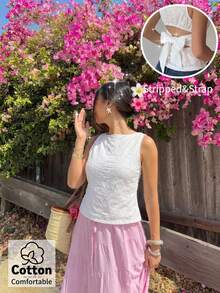 Aloruh 女士花卉刺绣图案后背系带设计时尚百搭休闲上衣 - 白色 - 查看 4