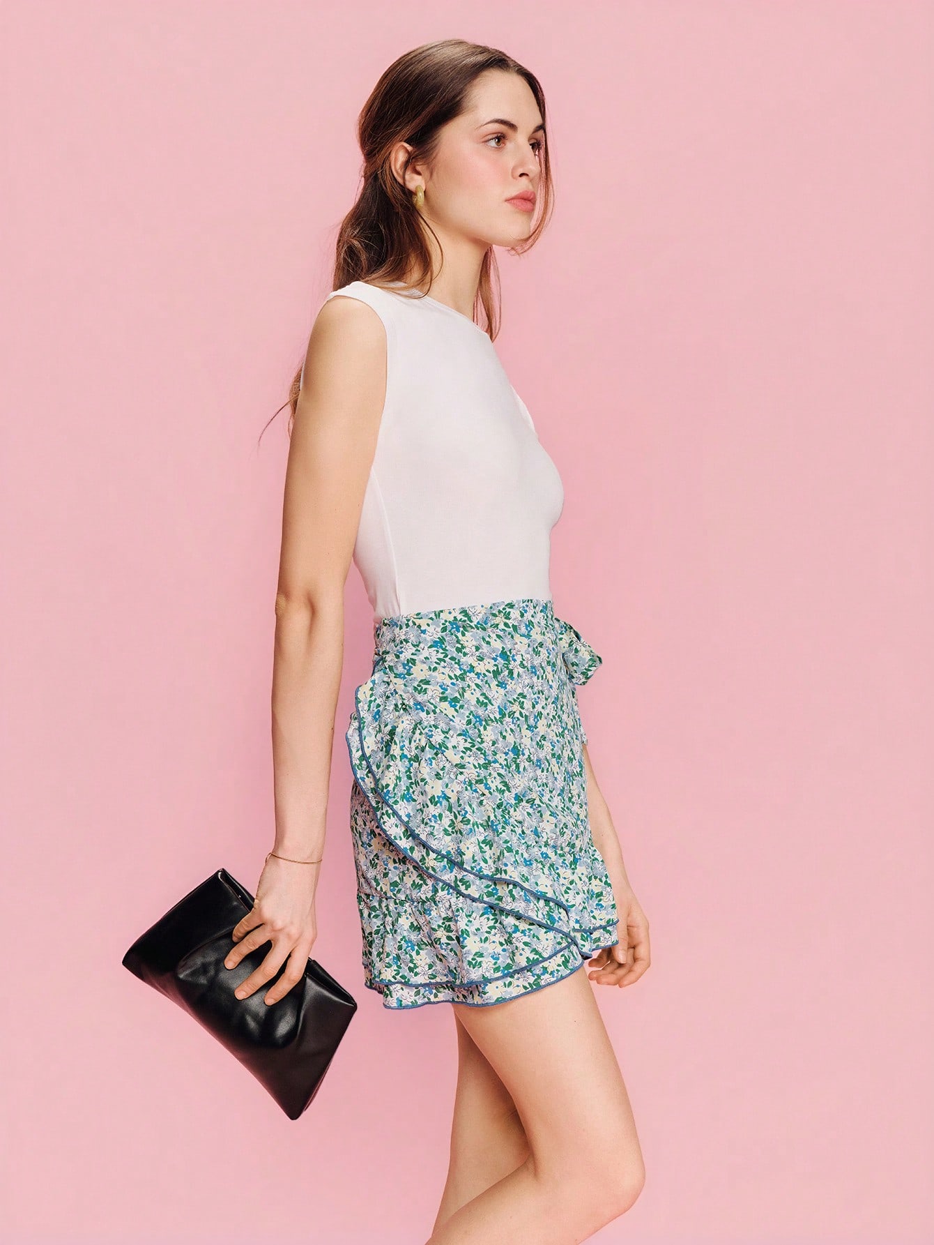 Green Floral Print High Waisted Mini Wrap Skirt With Side Waist Self Tie Bow, Ruffles At Hem Cute Skirt Cottage Skirt Festival Skirt Holiday Skirt Spring Summer French Style Parisian Style Short Outfits For Women Outfit Sets Women Summer Floral Skirt Ruffle Skirt