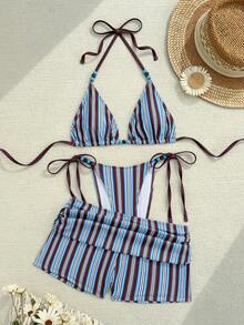 Swim Vcay Bộ bikini 3 mảnh dành cho nữ, kiểu dáng thon gọn, cạp cao, buộc dây bên hông, họa tiết sọc nhiều màu xanh navy và nâu, màu xanh dương retro, đính hạt, thích hợp cho kỳ nghỉ biển. - Nhiều màu - Xem 3