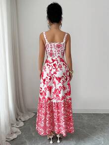 Selianne Damen Vintage Rot & Weiß Blume Muster plissiertes A-Linien Kleid, quadratischer Ausschnitt, ärmellos, taillenschmeichelnde elegante romantische Lässig Pendler Strand Urlaub Mode Retro Französischer Straßen Chic Frühling/Sommer Neu - Verschiedenfarbig - Übersicht 2