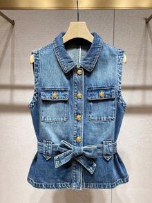GlowEve Women's Single-Breasted Knotted Casual Versatile Daily Wear Denim Jacket - Blue - View 1