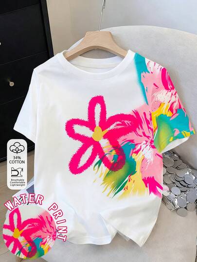 Resyla Dopamine Watercolor Floral Print Retro Cotton T-Shirt, Y2K Sweet Girl Gradient Dye Floral Traceability Cotton Crew Neck Top, Summer Vacation Artistic Watercolor Floral Print Casual T-Shirt, American Vintage Contrast Graffiti Floral Traceability Cotton Loose Short Sleeve Top, Ins Trending Gradient Watercolor Floral Print Traceability Cotton Slim T-Shirt, Sweet Cool Splash Ink Artistic Floral Print Traceability Cotton Crew Neck T-Shirt Flower Tee Flower T Shirt Ladies Clothes