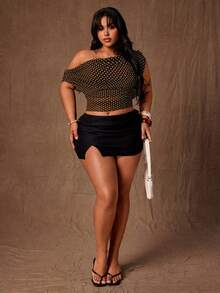 Rustia Plus Size Elegant Polka Dot Asymmetrical Shoulder Ruffle Blouse, Spring/Summer - Coffee Brown - View 8