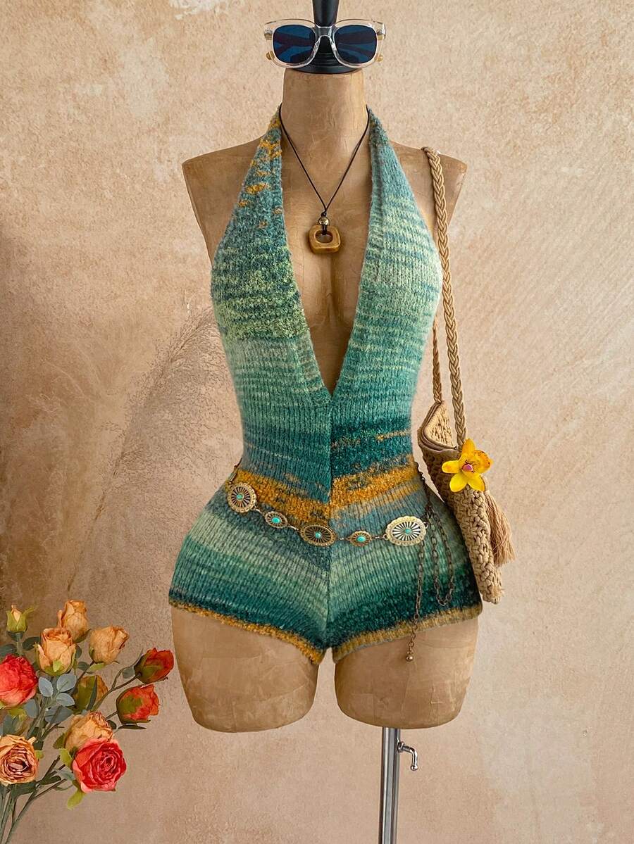 Soleia 女士扎染深V领性感吊带针织连体衣 - 綠色 - 查看 1