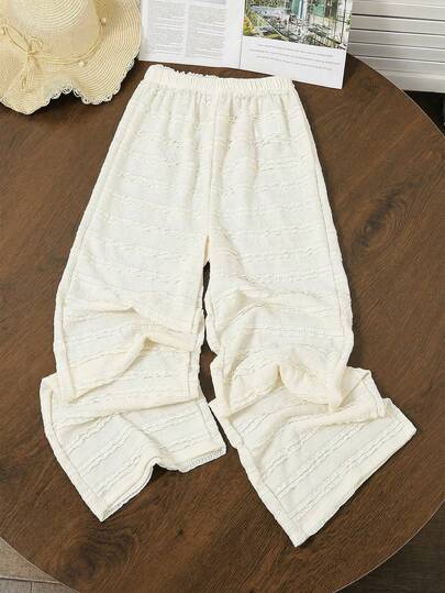 大码女童春夏度假沙滩休闲百搭荷叶边针织纹理宽松阔腿裤，适合搭配吊带背心