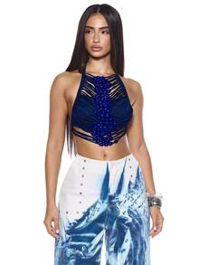 MUSERA Beaded Layered String Front Halterneck Strap Top Sexy Summer Spring Rave Festival Holiday Vacation Party Going Out Tripp - Blue - View 5