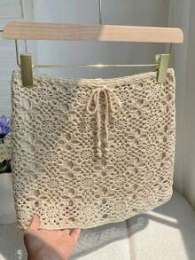 Comfortcana Plus Size Women Floral Crochet Waist Tie Casual Mini Knit Skirt, Spring/Summer In Fall/Winter Crochet Skirt - Beige - View 3
