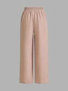 SHEIN Essnce 女士纯色系带腰阔腿宽松裤 - 卡其色 - 查看 6