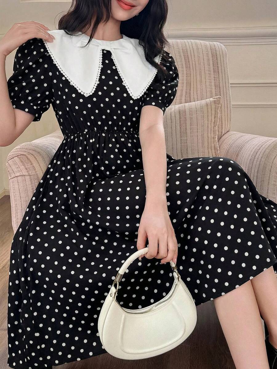 SHEIN 少女优雅返校季蝴蝶印花黑白撞色A字公主裙，适合春季假期、度假、派对、返校、假日家庭户外春季野餐、日常穿着。 - 彩色 - 查看 1