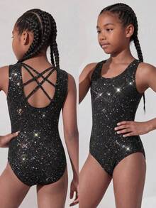 SHEIN Girlism Conjunto de ropa deportiva para niñas preadolescentes, conjunto casual de gimnasia, yoga, de tejido de punto brillante y elegante con alto estiramiento, body con espalda de tirantes y leggings, color negro - Negro - Ver 7