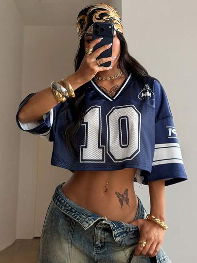 Coolane Women's Summer Streetwear Sport Crop Jersey Number Graphics Loose Breathable Mesh T-Shirt