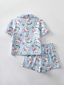 2件套 女童简约舒适独角兽印花开衫短袖上衣和短裤睡衣套装 - 淺藍色 - 查看 2