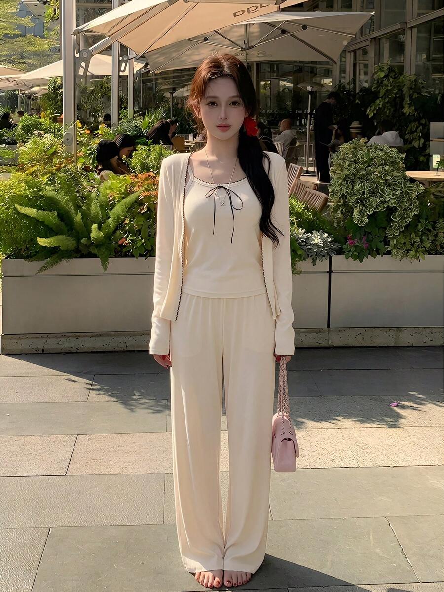 DAZY 3pcs/Set Wave Trim Decor Bowknot Camisole Top & Straight Hem Pants & Open Front Top Lounge Set, Cozy Outfits, Fall Winter Clothes - Beige - View 1