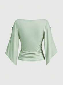 ROMWE Hippie 复古宽松露肩木珠装饰圆领收腰蝙蝠袖女式T恤 - 綠色 - 查看 2