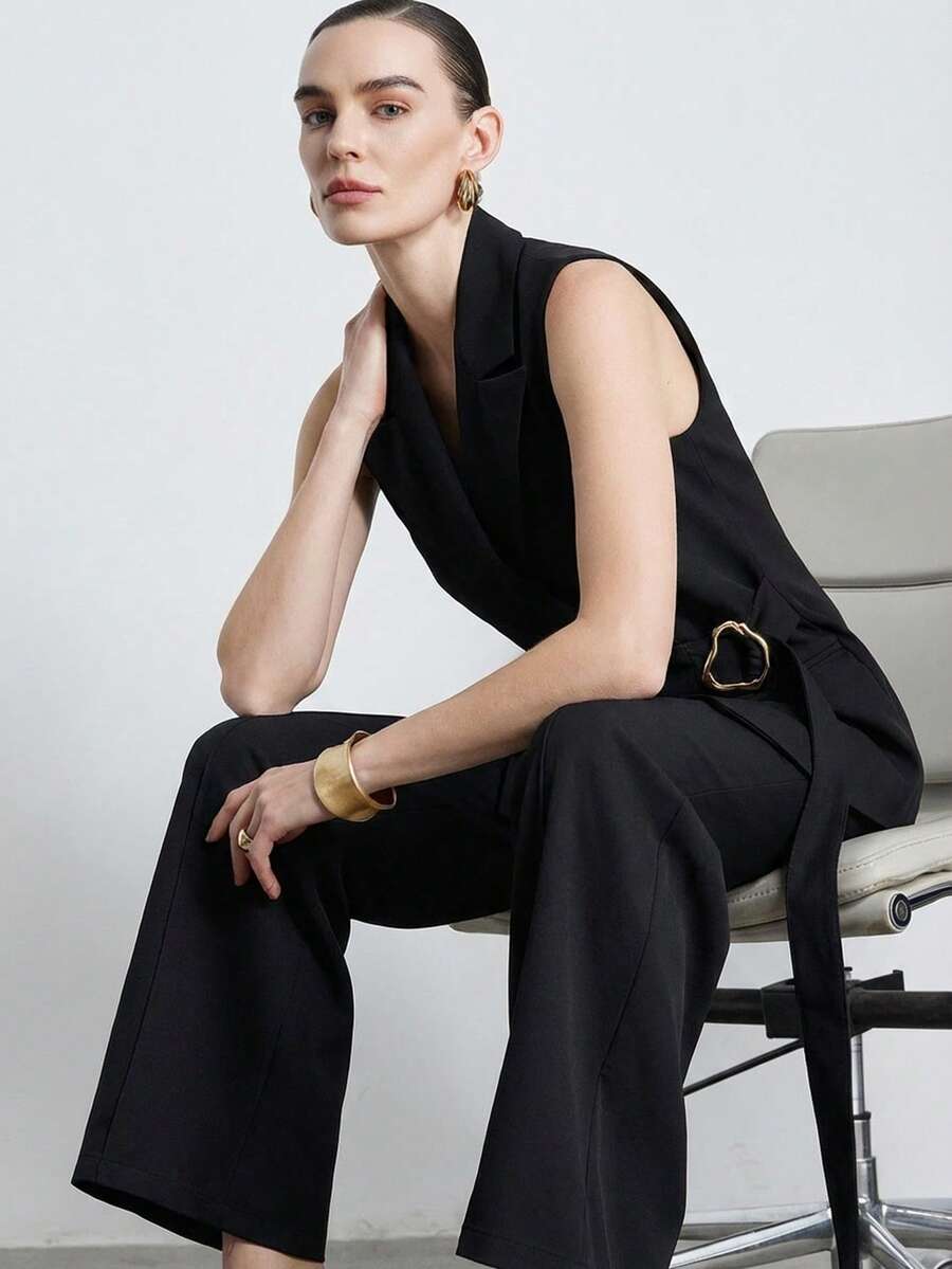 Aveloria Modichic 新款時尚優雅高質感女款翻領繫帶不對稱扣環寬鬆西裝背心直筒長褲套裝 辦公室黑色夏季 - 黑色 - 查看 1