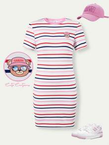 SHEIN Casuvi Kids Casuvi 女童针织数码多色条纹印花舒适弹力修身短袖T恤裙，卡通熊头装饰，美式休闲时尚，适合春夏日常穿着 - 彩色 - 查看 3