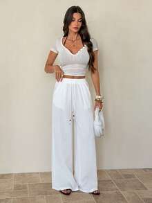 SHEIN Tall Trang phục mùa hè dành cho nữ, thích hợp đi xem hòa nhạc, đi biển, phong cách boho cơ bản tối giản, quần trắng 100% cotton đã giặt, ống quần cong. - trắng - Xem 3