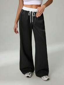 SHEIN Tall Women's Casual Loose Checked Wide Leg Pants - Black - View 5