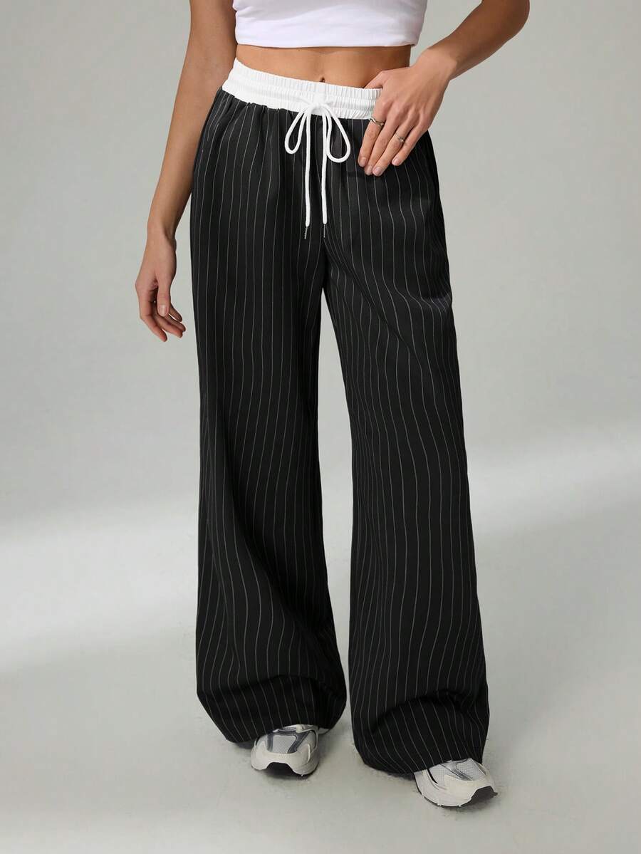 SHEIN Tall Women's Casual Loose Checked Wide Leg Pants - Black - View 1