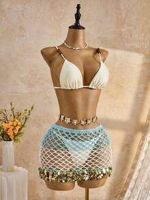 Bonvoyette Bộ đồ nữ phối màu, khoét rỗng, đính sequin, thích hợp cho kỳ nghỉ, gồm áo khoác ngoài và chân váy ngắn. - Màu xanh lam - Xem 7