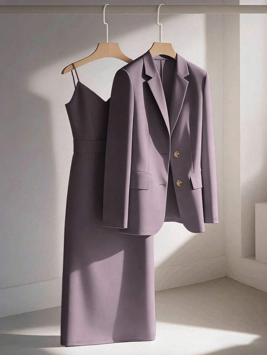 Franclia 休闲卡其色西装外套搭配吊带收腰直筒连衣裙，女士两件套，适合春秋季节，商务/休闲场合穿着 - 淺灰紫 - 查看 1