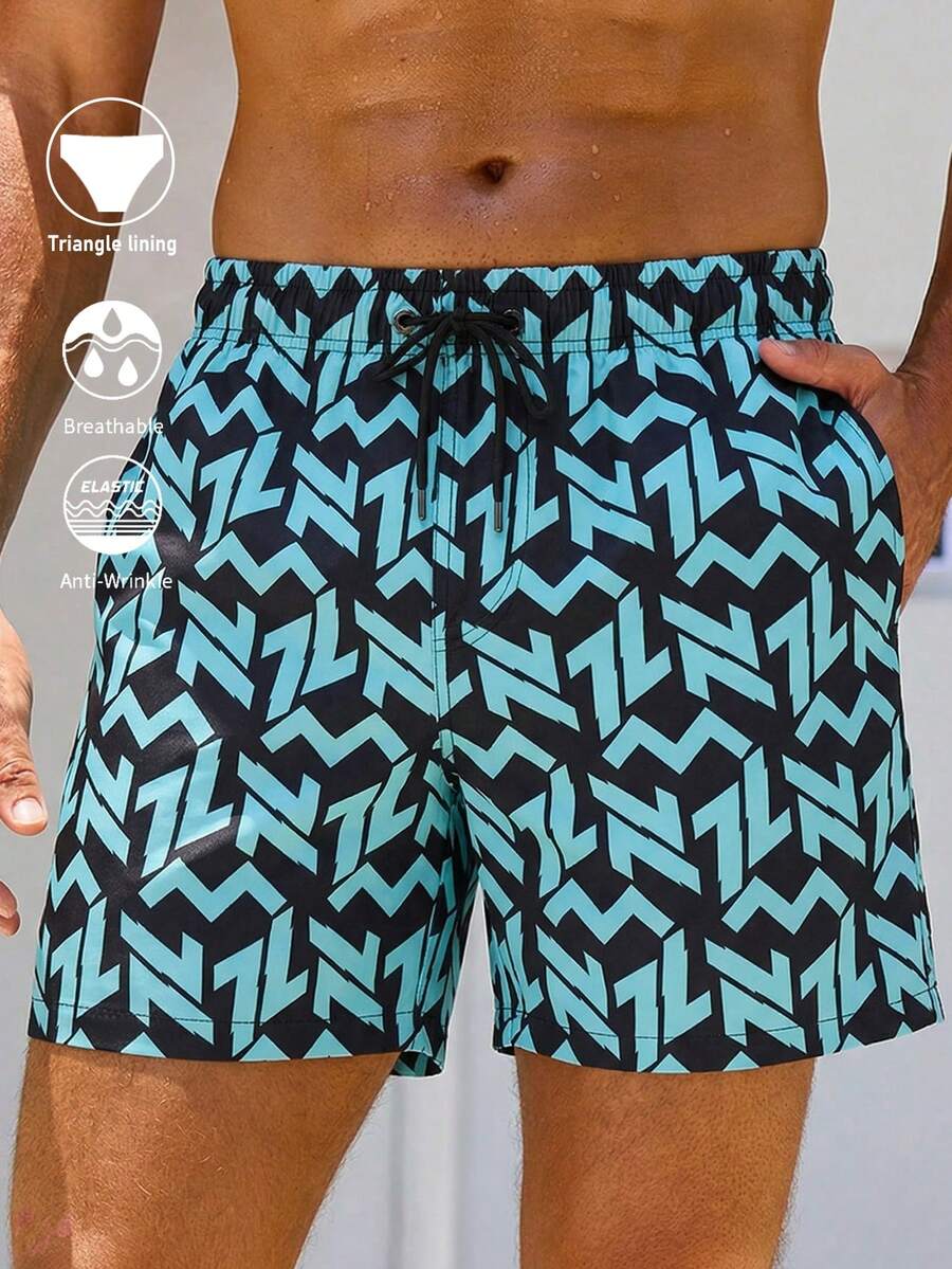 Manfinity Swimmode Pantalones de playa casuales holgados con cintura elástica y cordón, con estampado todo sobre - Negro - Ver 1