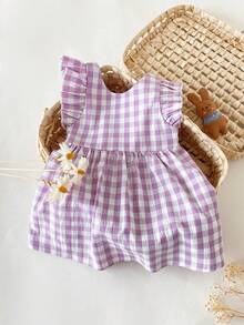 SHEIN Baby Girls' Casual Cute Plaid Bow Ruffle Hem Dress, Suitable For Spring/Summer Outings, Vacations, Parties, Birthdays And Daily Wear - Purple - View 5
