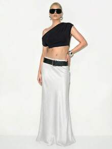 Femmeiva 缎面斜裁半身裙，适合春夏正式场合、鸡尾酒会和优雅场合，配有宽腰带。 - 白色 - 查看 1